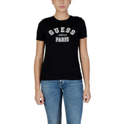 Black Guess Active women cotton round neck t shirt featuring white Guess and Paris lettering on the chest