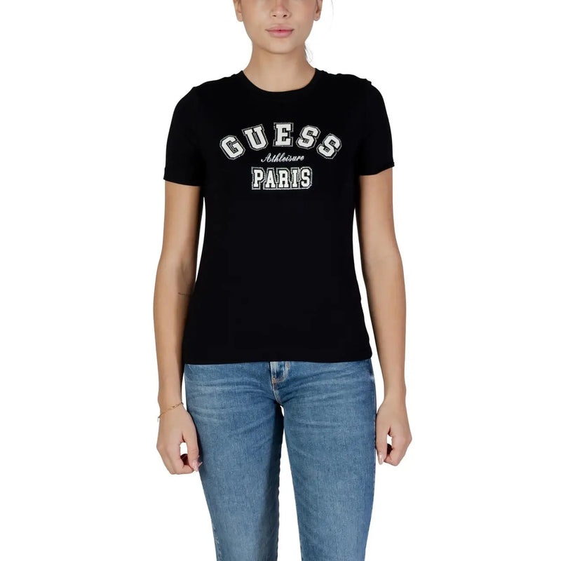 Black Guess Active women cotton round neck t shirt featuring white Guess and Paris lettering on the chest