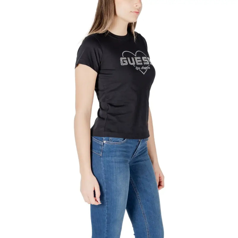 Guess active women round neck black rhinestone tee with silver glitter heart logo and los angeles text on front
