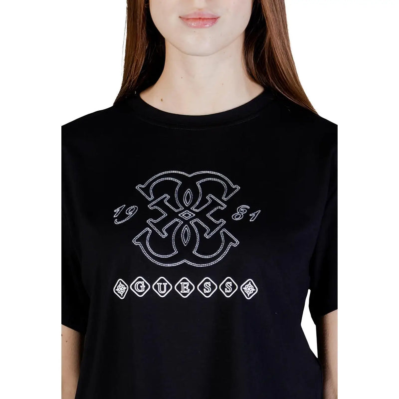 Black Guess Active Women viscose t shirt featuring white embroidered 1981 logo in diamond-shaped outlines