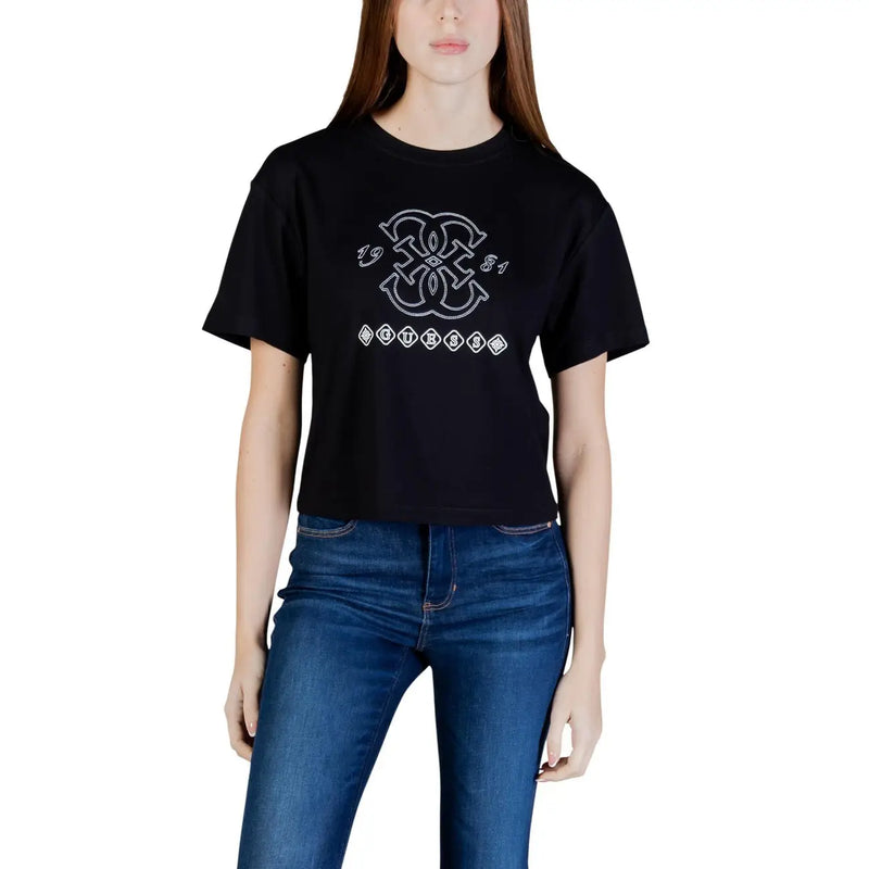 Black cropped Guess Active women viscose t shirt with round neck and white embroidered 1984 logo and geometric patterns