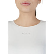 White ribbed Guess active women round neck modal t shirt with subtle silver logo embroidery on the chest long fit