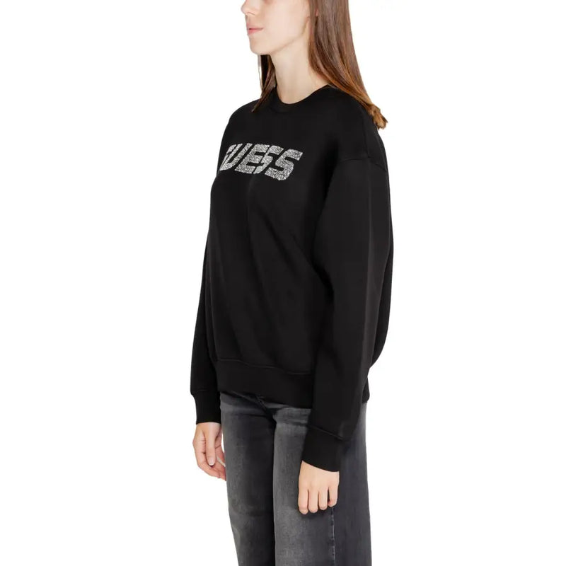 Black Guess active women’s sweatshirt with a round neck and sparkling silver logo print on the chest