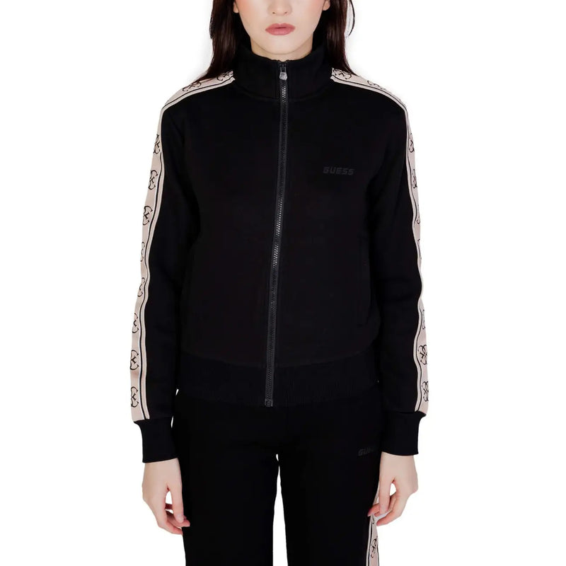 Guess Active women’s black zip sweatshirt with beige patterned sleeves and subtle logo made of 100 percent cotton