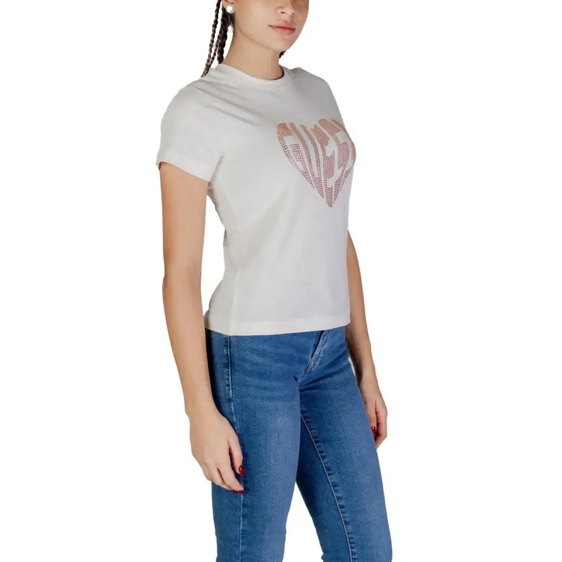 Guess Active women’s white short-sleeve t-shirt with rose gold heart logo and sparkling rhinestones print