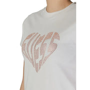 Guess active women’s white short-sleeve t-shirt featuring a heart-shaped rose gold rhinestone design on the front