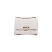 White Guess crossbody bag with subtle embossed logo pattern and silver-toned chain strap from spring summer collection