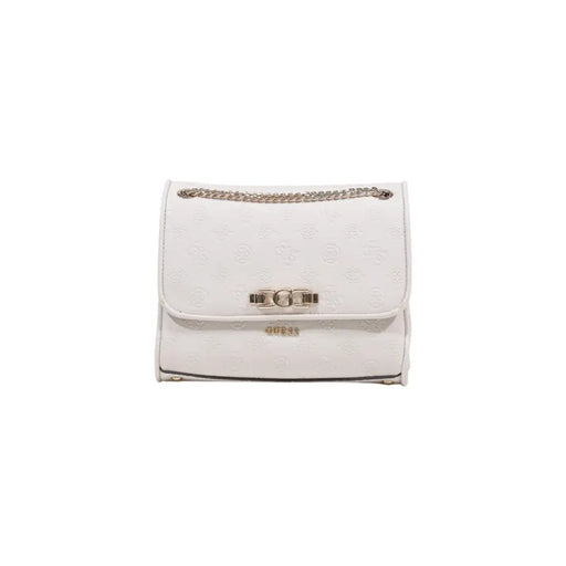 White Guess crossbody bag with subtle embossed logo pattern and silver-toned chain strap from spring summer collection