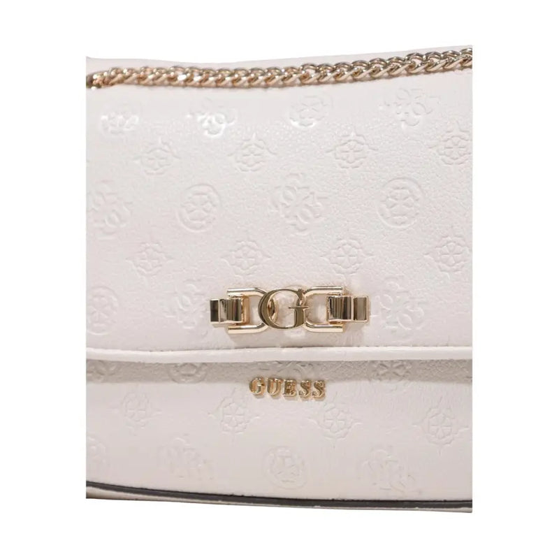 White Guess crossbody bag with gold-tone chain strap and embossed logo pattern from spring summer collection