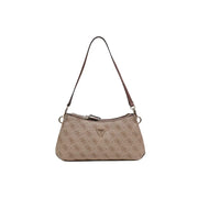 Beige Guess shoulder bag with repeating logo pattern brown leather strap and inside pocket for daily use