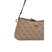 Guess beige handbag with shoulder strap featuring a repeating monogram pattern and brown leather detailing
