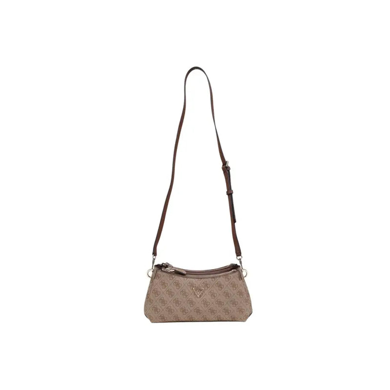 Beige Guess shoulder bag with repeating logo pattern brown leather strap and inside pocket for everyday use