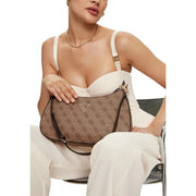 Brown guess handbag with repeating logo pattern gold-tone hardware beige plain design zip and pockets visible
