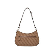 Beige Guess shoulder bag with brown logo pattern, matching strap, zip closure, and multiple pockets for convenience