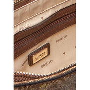 Brown leather Guess beige plain handbag interior with beige fabric lining and gold-tone metal zipper pulls
