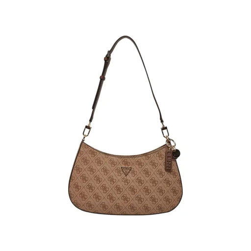 Beige Guess shoulder bag with brown logo pattern and matching strap featuring zip and pockets for organization