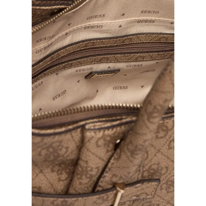 Guess Sac à main en polyuréthane beige avec logo répété et fermetures éclair dorées