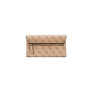 Beige guess clutch with repeating monogram pattern and gold tone zipper featured in guess beige print shoulder bag