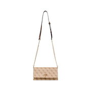 Guess beige print shoulder bag with automatic buttons featuring a beige crossbody design with logo pattern and chain leather strap