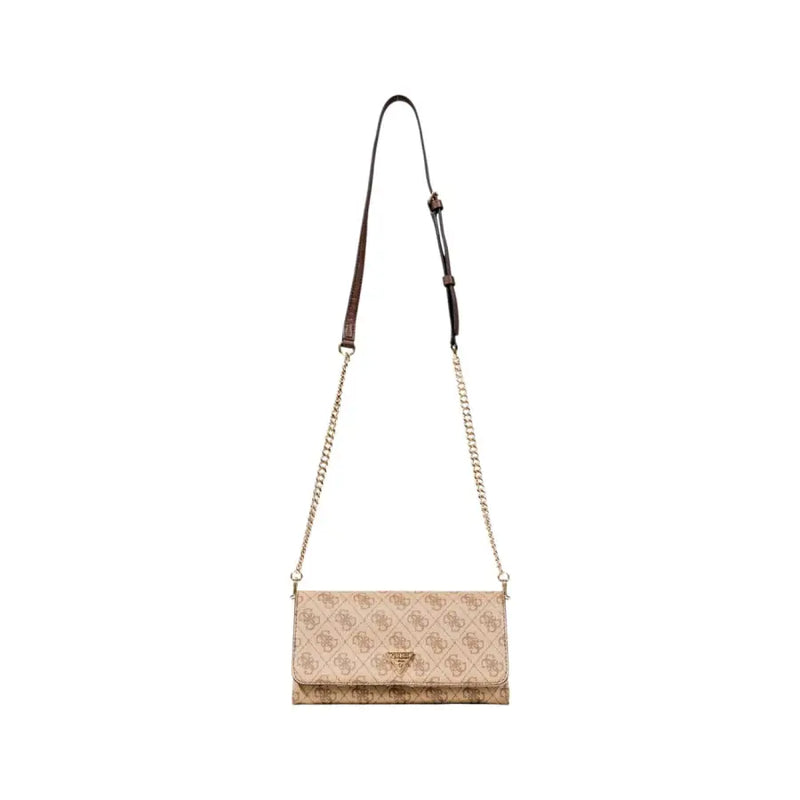 Guess beige print shoulder bag with automatic buttons featuring a beige crossbody design with logo pattern and chain leather strap
