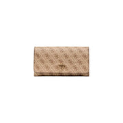 Beige Guess shoulder bag with repeating brown logo print and gold-tone triangular brand emblem with automatic buttons
