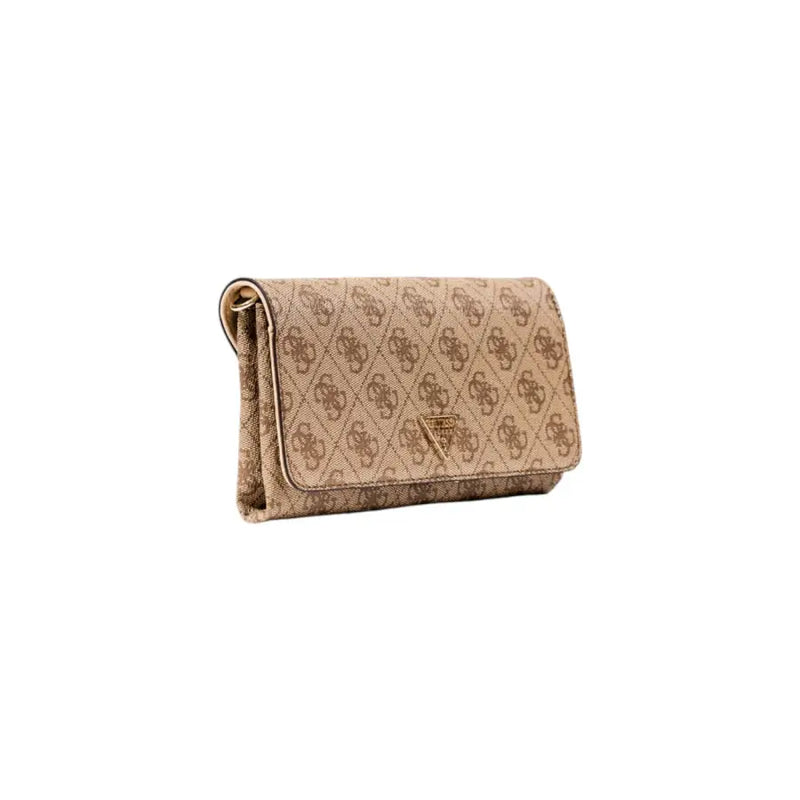 Beige Guess shoulder bag with repeating logo pattern and gold-tone triangular emblem featuring automatic buttons