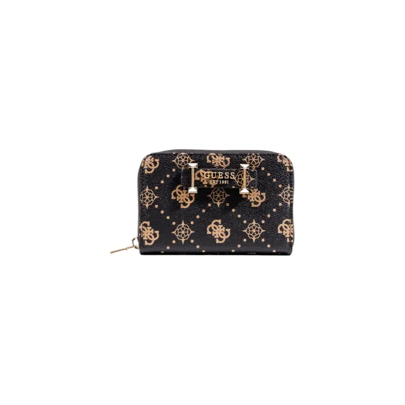 Guess Beige Print Zip Wallet with Gold Logo Pattern and Clasp