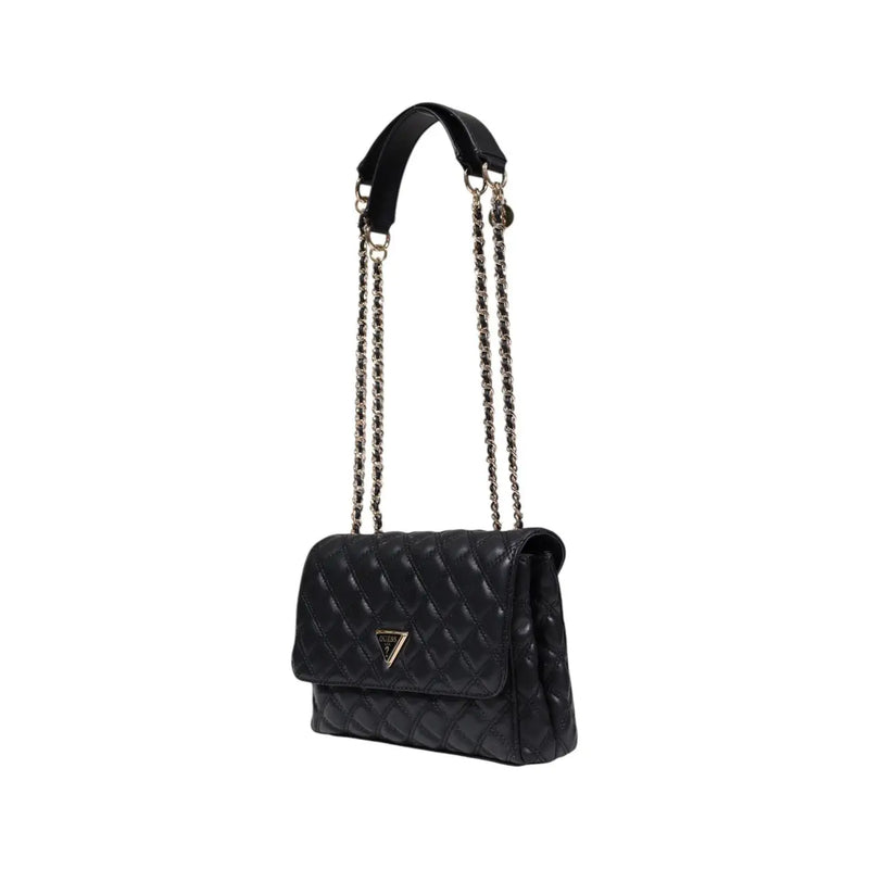 Guess black quilted leather shoulder bag with silver chain strap, triangular logo, magnetic closure, and multiple pockets