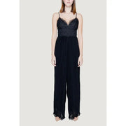 Guess black jumpsuit with sweetheart neckline featuring delicate black lace embroidery and pleated design on bodice