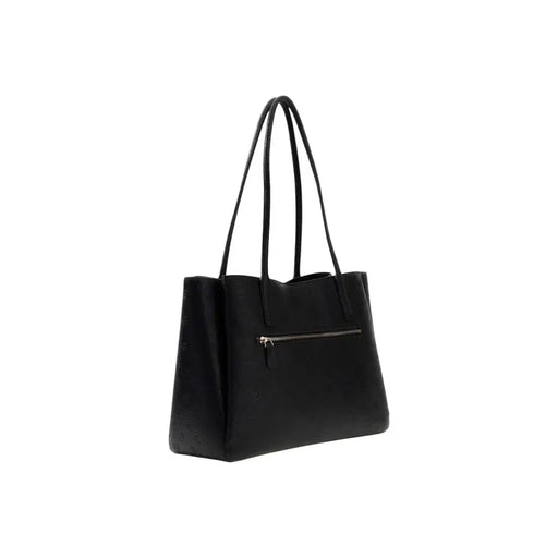 Guess Sac à main en polyuréthane noir avec pochette en cuir texturé, fermeture éclair argentée et plusieurs poches.