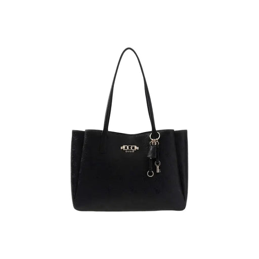 Black Guess polyurethane tote bag with embossed logo and keychain accessory featuring multiple pockets