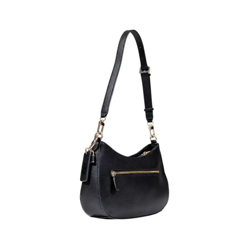 Guess black polyurethane handbag with zip pocket featuring textured design, gold-tone hardware, and detachable shoulder strap