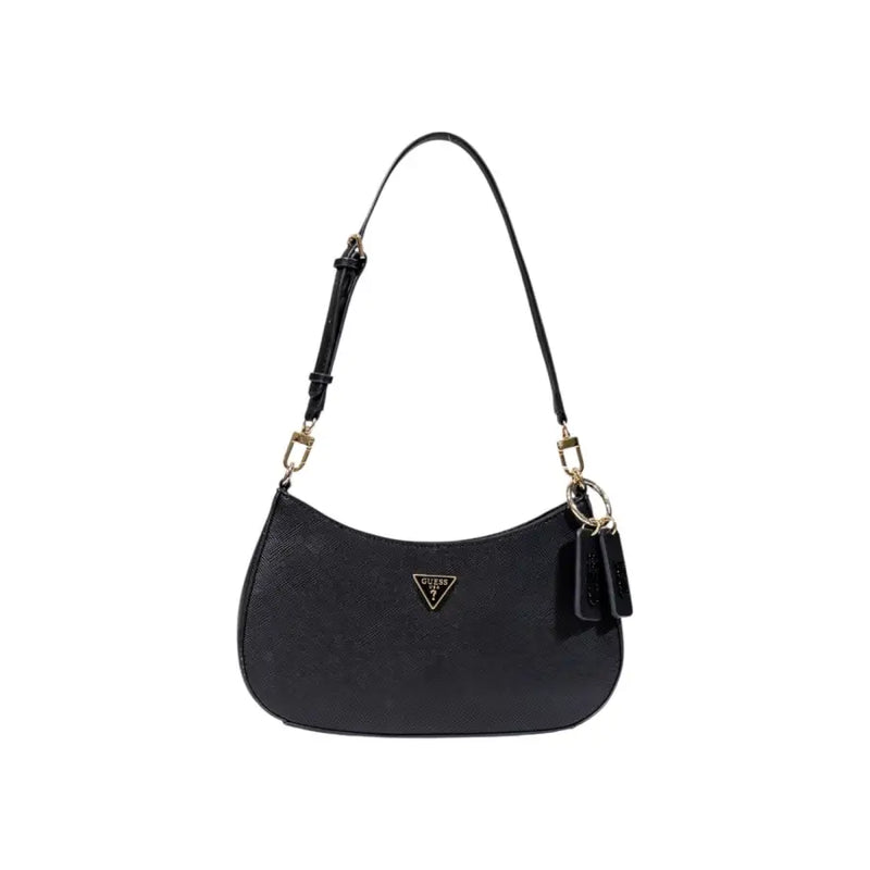 Black Guess shoulder bag with textured polyurethane leather and gold-tone hardware featuring a zip pocket