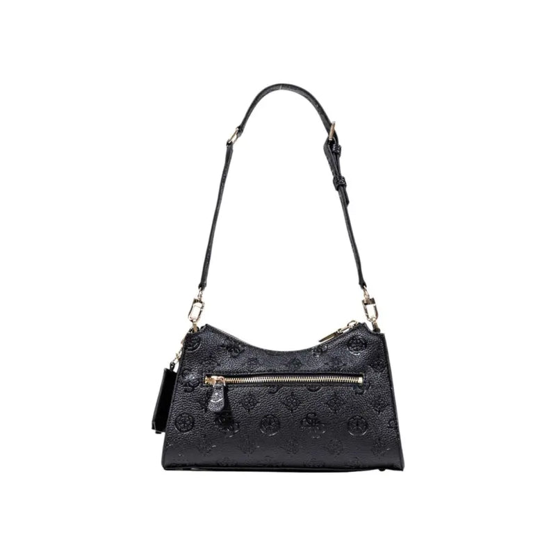 Guess black polyurethane handbag with embossed monogram pattern and gold-tone hardware featuring zip pockets