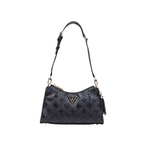 Guess black polyurethane handbag with embossed logo pattern and gold-tone triangular brand emblem and zip pockets