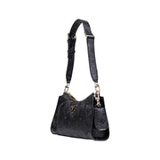 Guess black textured leather shoulder bag with subtle embossed logo pattern and gold-tone hardware with zip pockets
