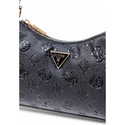 Guess black polyurethane handbag with textured embossed logo pattern and gold-tone triangular Guess USA brand plaque