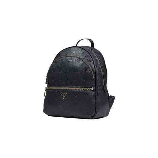 Guess black polyurethane rucksack featuring embossed logo pattern and metallic zipper accents with zip pockets
