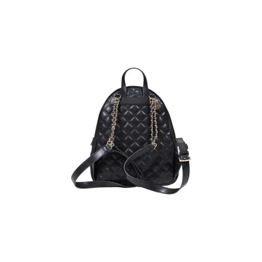 Guess black quilted polyurethane rucksack backpack with chain straps, top handle, and zip pockets