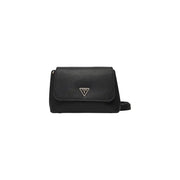 Black Guess polyurethane crossbody shoulder bag with textured leather and silver triangular logo and inside pocket