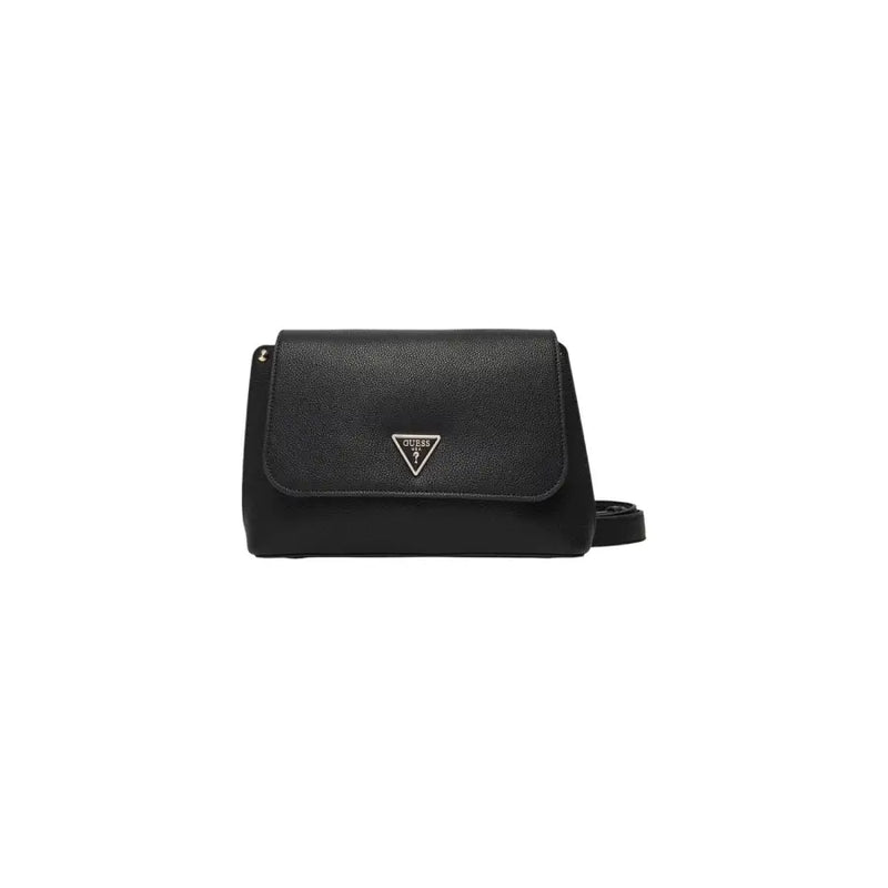 Black Guess polyurethane crossbody shoulder bag with textured leather and silver triangular logo and inside pocket