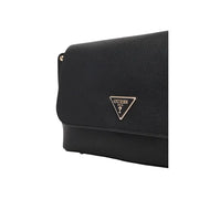 Black textured leather Guess crossbody bag with silver triangular logo plaque and inside pocket for shoulder use