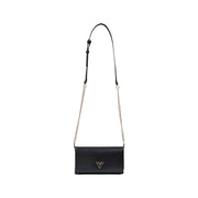Guess black polyurethane shoulder bag with textured leather finish and silver-tone triangular logo plaque