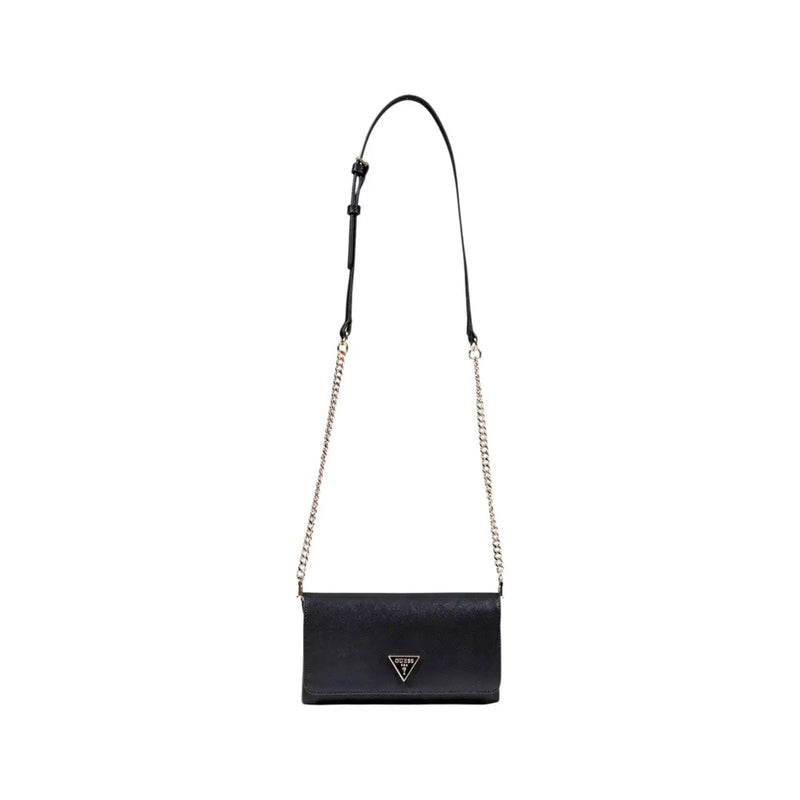 Guess black polyurethane shoulder bag with textured leather finish and silver-tone triangular logo plaque