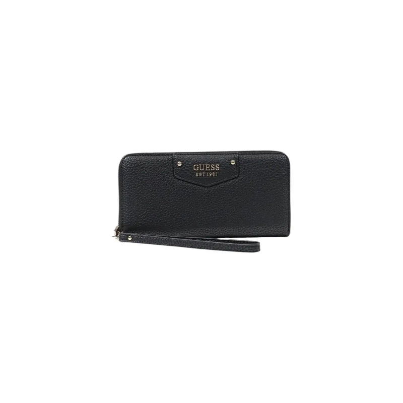 Black textured leather Guess women wallet with wrist strap and metallic logo plaque from spring summer collection