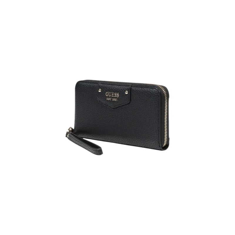 Guess black textured leather wallet with silver zipper and wrist strap from spring summer collection