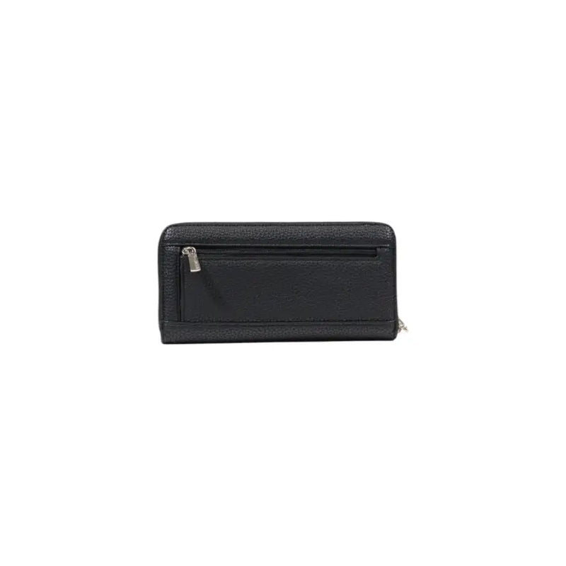 Guess black polyurethane women’s wallet with textured design and silver zipper accents
