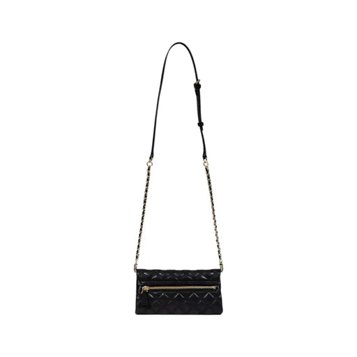 Guess black quilted polyurethane crossbody bag with gold-tone zipper chain strap and inside pockets for women