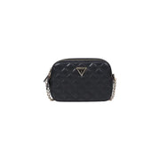 Guess black quilted polyurethane crossbody zip bag with silver chain strap and triangular logo with interior pockets