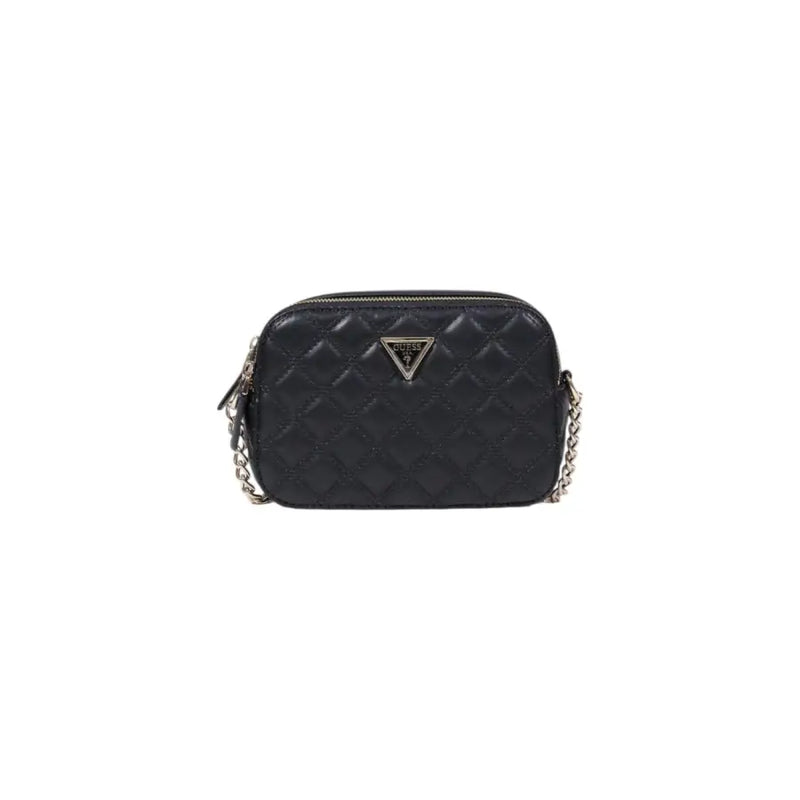 Guess black quilted polyurethane crossbody zip bag with silver chain strap and triangular logo with interior pockets